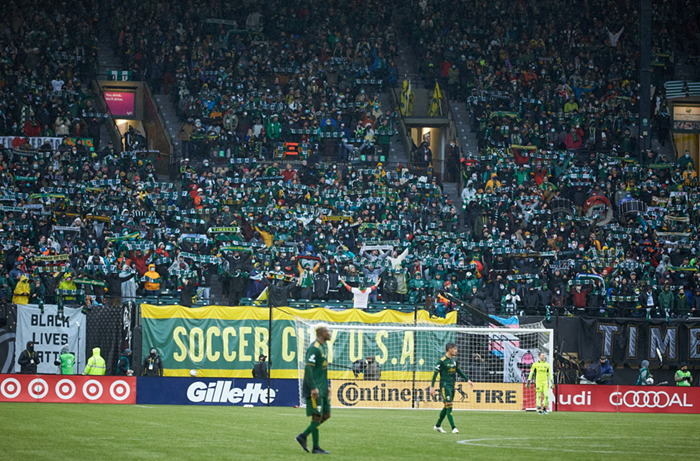 The Timbers Army backs their team during MLS Cup at Providence Park on December 13.